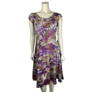 NEW Komarov Purple Print Crinkle Dress Size S Mesh Lace Cap Sleeve Aline Brown
